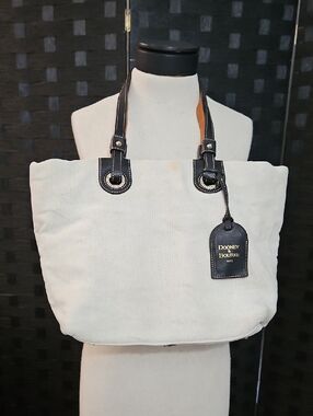 Dooney & Bourke Cream Canvas Tote with Black Leather Leather Handles